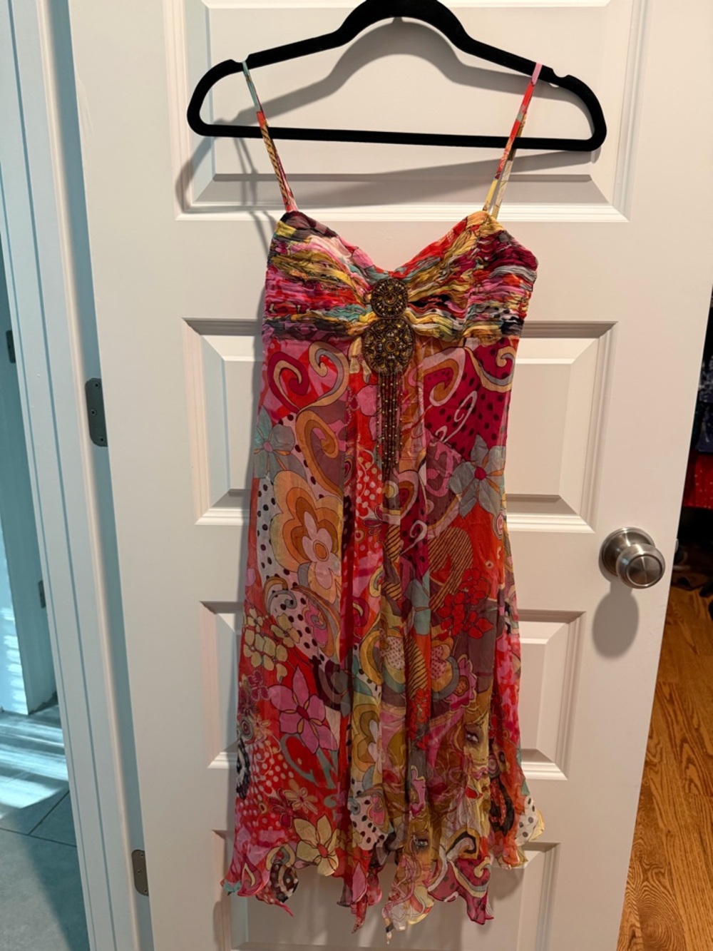 Sue Wong Strapless Boho Floral Midi Dress in Pink & Orange